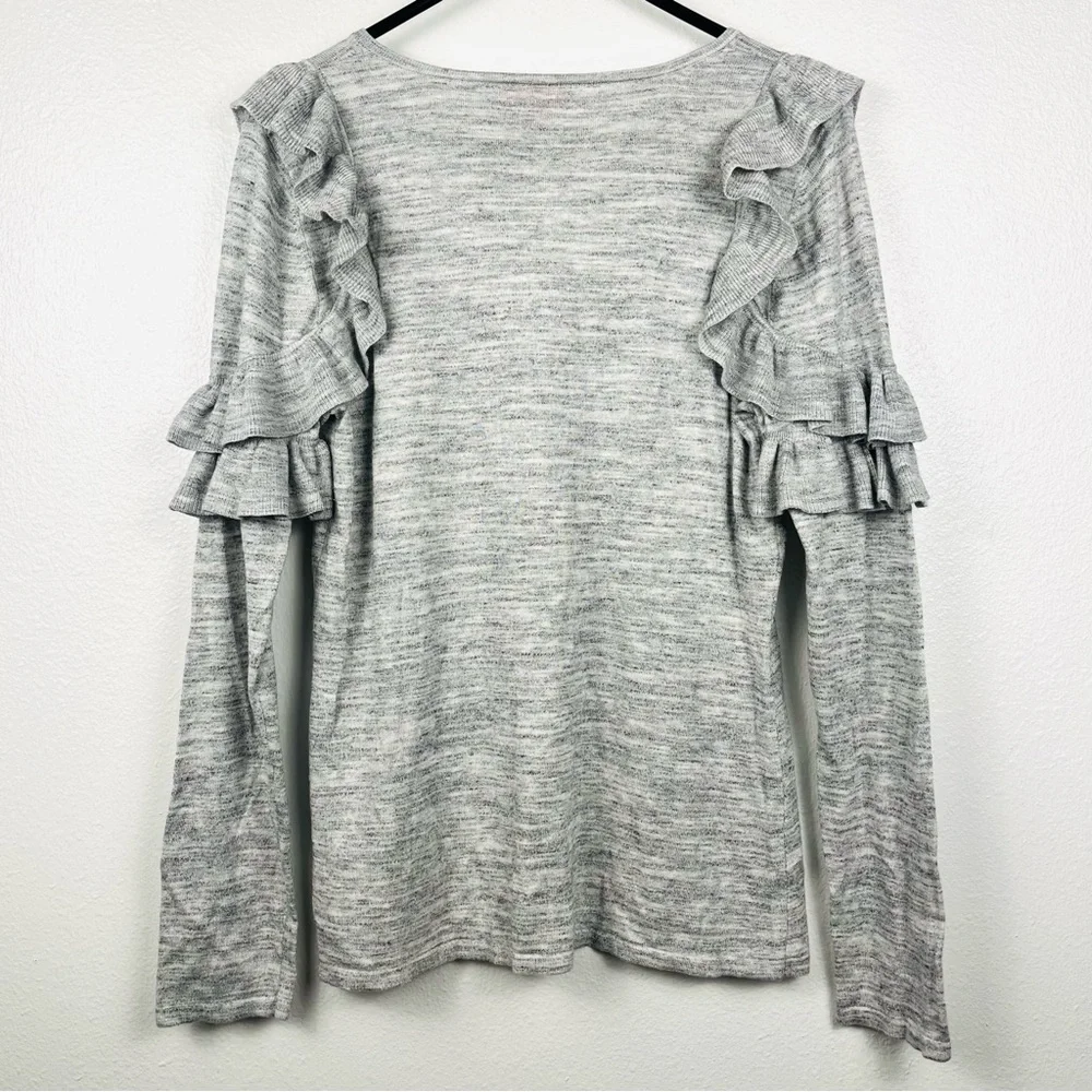 Lilly Pulitzer Large Fresca Ruffled Heather Gray Wool V-Neck Pullover Sweater